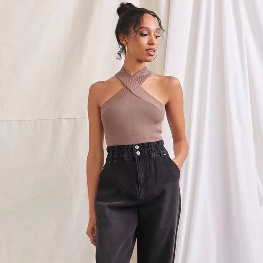forever 21 taupe criss cross sweater bodysuit